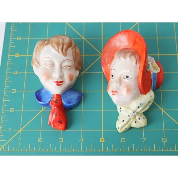 Vintage Ceramic Wall Pocket Planters Boy & Girl Faces Hand-Painted Made In Japan - Picture 7 of 7